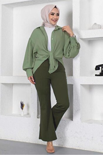 TRENDTESETTÜR Khaki Women's Trousers - Flared Leg, Elastic Waist T 602
