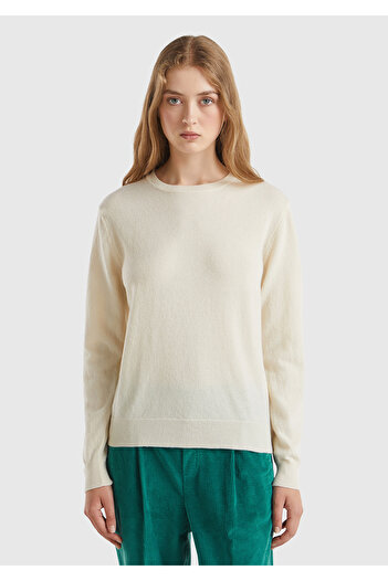 United Colors of Benetton Women's Cream Crew Neck 100% Merino Sweater