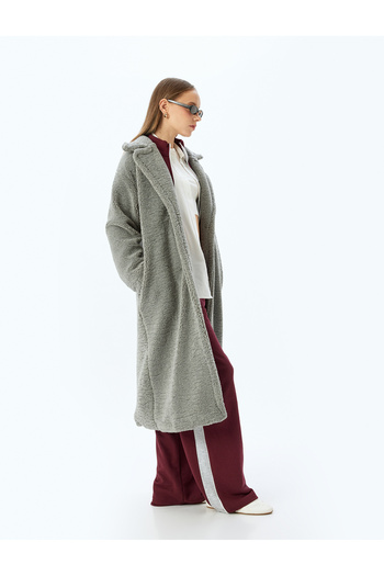 Koton Buttoned Lined Long Plush Coat with Pocket Detail