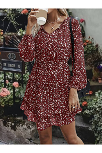 EyesOf    Women's Long Sleeve V-Neck Lace-Up Waisted Flower Printed Short Single Jersey Dress