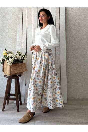 KÜÇÜĞÜM BUTİK Fusta poplin evazată cu model flori de azalea - albastru