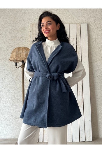 KÜÇÜĞÜM BUTİK Indigo Blue Stamped Poncho