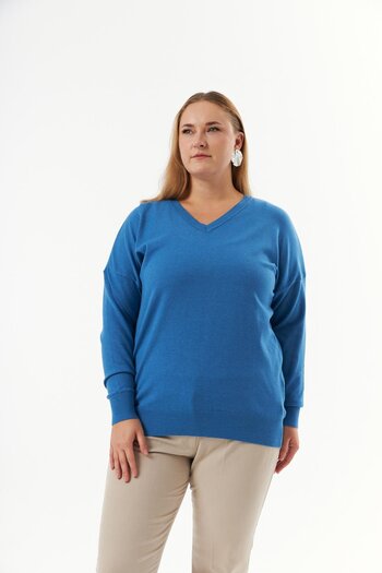RMG V-Neck Plus Size Cashmere Knitwear Sweater - Indigo