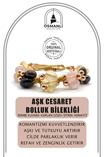OSMANLI DEĞERLİ TAŞ (Love Courage Abundance Bracelet) Pink Quartz-Tiger Eye-Citrine-Hematite Ladder Closing String Bracelet