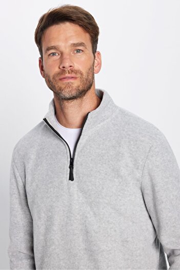 Tudors Unisex Standart Fit Anti-pilling Tüylenme Yapmayan Soğuk Geçirmez Gri Dik Bato Yaka Polar Sweatshirt