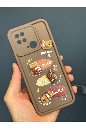 Fibaks Redmi 10C/Poco C40 Compatible Case Designed Patterned Camera Teddy Bear Brown Colored Soft Silicone Cover