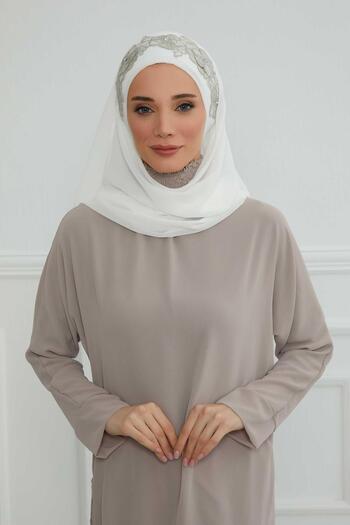 Aisha's Design Design Chiffon Shawl with Floral Accessories,Cps-101,Off White-Silver