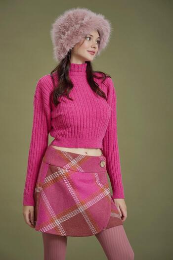 Los banditos Pink Patterned Big Button Winter Mini Skirt