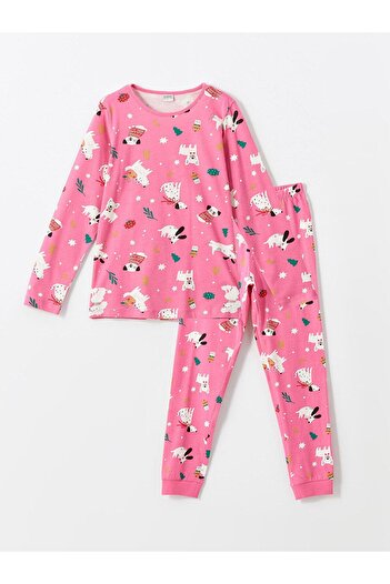 LC Waikiki Baskılı Bisiklet Yaka Yılbaşı Temalı Kız Çocuk Pijama Takımı Pembe
