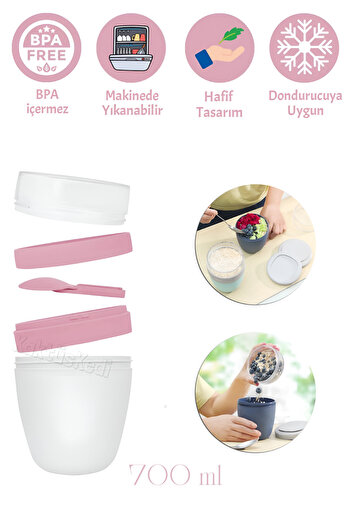 KaktüsKedi 2'li Set Taşınabilir Kaşıklı Yoğurt Kabı - 700 ML Pratik Yemek Saklama ve Müsli Kabı