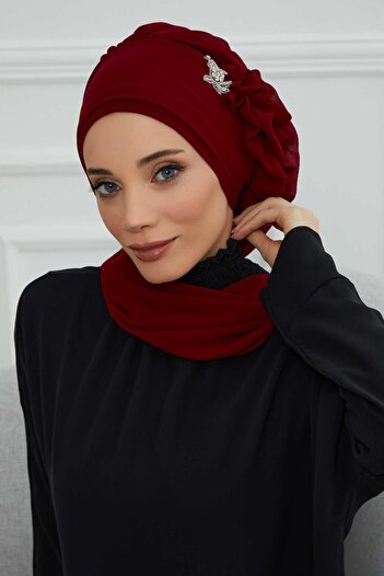 Aisha's Design Έτοιμο τουρμπάνι από σιφόν με βολάν στο πλάι και ασημί αξεσουάρ, HT-106, HT-106, μπορντό