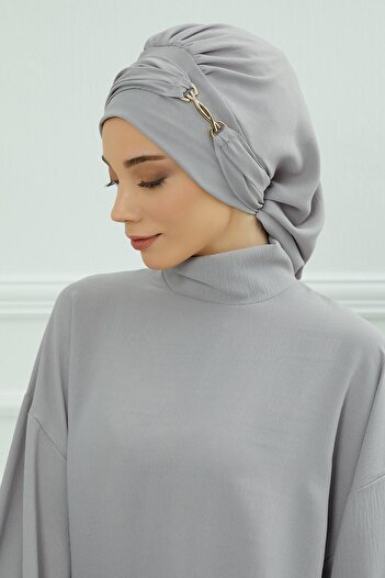 Aisha's Design Aerobin Ready-Made Turban with Fabric Accessories, Ht-93, Gray