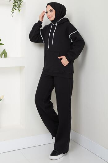 hafsamina Shepherd Embroidered Three Thread Raster Σετ φόρμας με κουκούλα Μαύρο HM2579