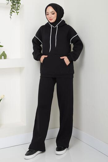 hafsamina Shepherd Embroidered Three Thread Raster Σετ φόρμας με κουκούλα Μαύρο HM2579