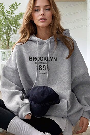 Millionaire Gray 1898 Printed Oversize Hooded Hoodie Sweatshirt - 3 Thread Raster Loose Cut