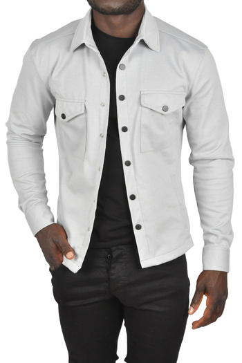 DeepSEA Men's Gray Knitted Fabric Shirt Collar Snap Pockets Covered Lycra Slim Fit Sports Jacket 25015