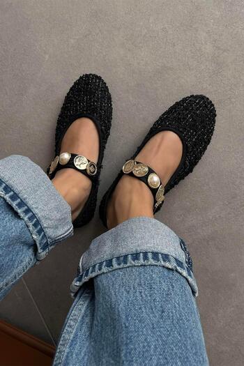 STRASWANS Leonardo Women - Black Linen Ballerinas with Accessory Detail