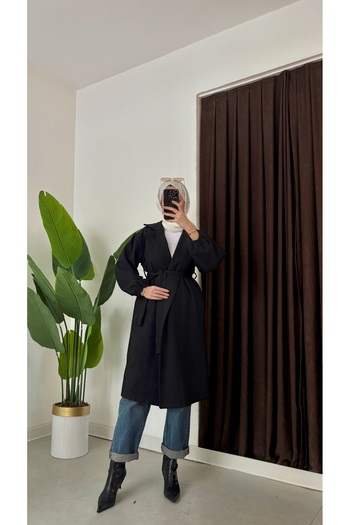 hacer ayaydın Oversize Cut Bathrobe Type Stamped Women's Coat with Gathered Sleeves and Mobile Belt