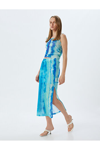 Koton Şahika Ercümen Midi Length Tie-dye Patterned Skirt - Side Slit