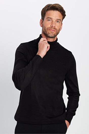 Tudors Men's Slim Fit Slim Fit Soft Texture Non-Pilling Black Full Turtleneck Knitwear Sweater