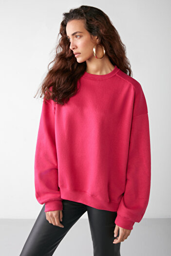 GRIMELANGE VANELTINA Kadın Bisiklet Yaka İçi Polarlı Oversize Fit Basic Pembe Sweatshirt