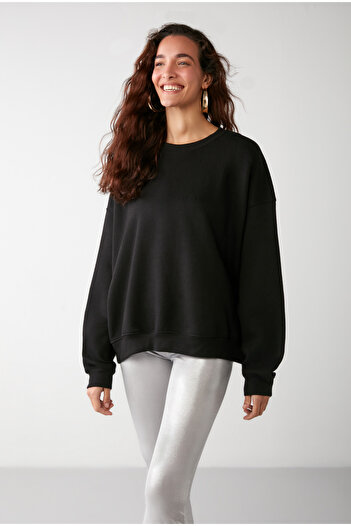 GRIMELANGE Vaneltına Kadın Içi Polarlı 3 Iplik Organik Pamuk Oversize Basic Bisiklet Yaka Siyah Sweatshirt