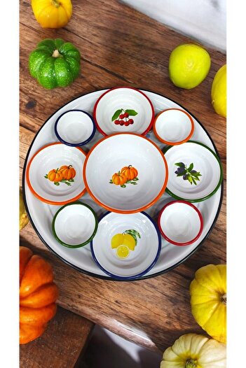 EMAYE TEZGAHI 10 Parça Emaye Set, Meze Seti, Kahvaltı Seti, Retro, Çeyizlik, Sini, Tabak, Sosluk, 10'lu Set