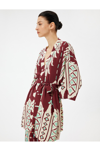 Koton X Melis Ağazat - Viscose Floral Ethnic Μακρό Κιμονό με Flare μανίκια και λεπτομέρεια ζώνης