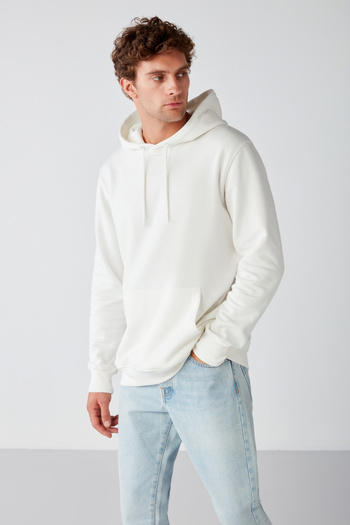GRIMELANGE Jorge Men's Soft Hooded Organic Cotton Kangaroo Pocket Regular Ecru Sweatshirt