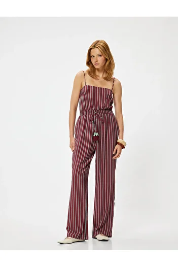 Koton X Melis Ağazat - Viscose Jumpsuit with Thin Straps, Wide Legs, Pockets and Elastic Waist