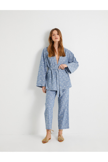 Koton Kimono cu centură în talie, brodat floral, festonat