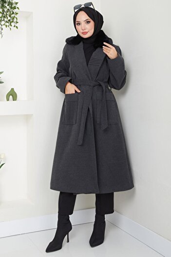 hafsamina Anthracite Stamp Coat - Fur Collar and Ribbed Detail Hm2576