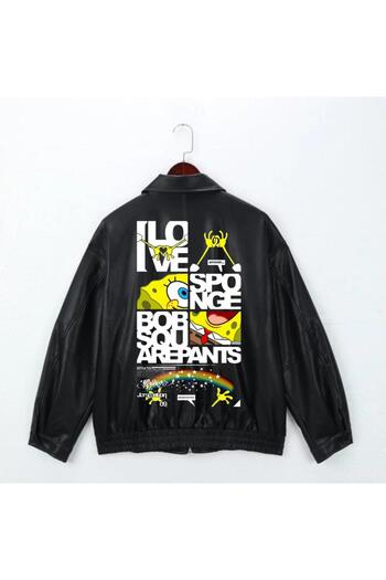 Toum Spongebob Printed Streetwear Black Oversize Unisex Lined Leather Jacket