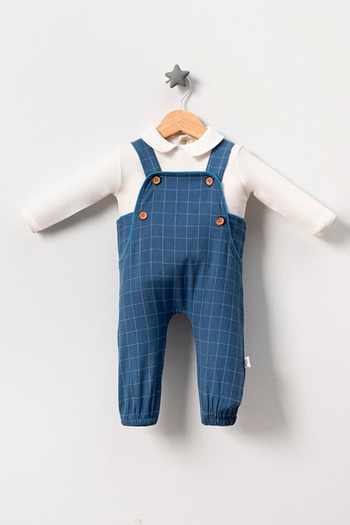 TRENDİMİZBİR Blue Plaid Patterned Baby Boy Salopette