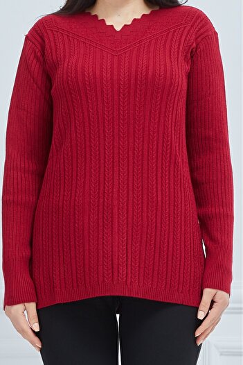 Elçelya Moda Elçelya Kadın Kırmızı Triko V Yaka Kışlık Anne Esnek Kazak