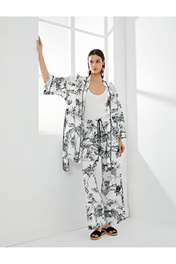 Koton Floral Wide Leg Trousers Tie Waist Viscose Fabric Blended