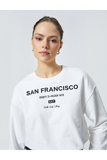 Koton Crop Sweatshirt Printed Crew Neck Cotton