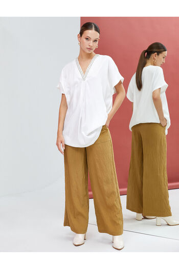 Koton Long Tunic Short Sleeve V-Neck Accessory Detailed