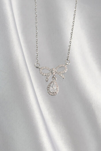 Store 316L Steel Silver Color Zircon Stone Bow Detail Drop Necklace