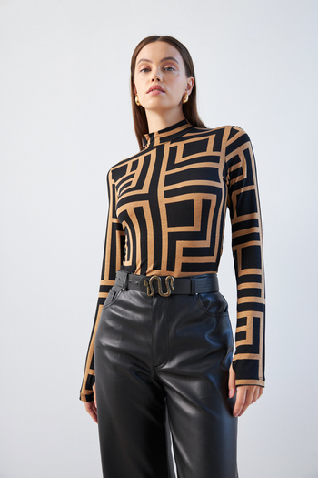 Bipantolon Women's Camel Black Labyrinth Patterned Finger Detailed Bodysuit