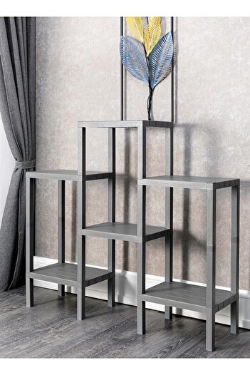 Bayev Shelf Piramit 6 Lı  Gri Plastik Raf Ünitesi Çiçeklik Banyo Rafı Mutfak Organizeri, Kitaplık