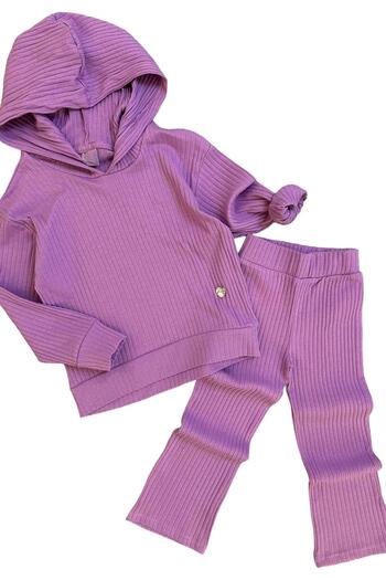 Riccotarz Girl's Ribbed Lilac Set - Hooded Sweatshirt and Elastic Waist Bottom
