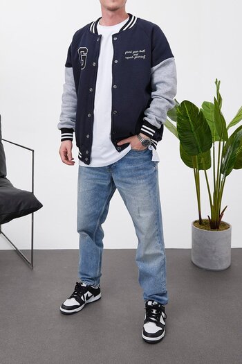 NOMARC Ανδρικό κολεγιακό μπουφάν - Μπουφάν Casual Bomber με έναντιχρωματικό σήμα σε μπλε ναυτικό γκρι