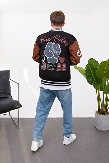 NOMARC Panther Printed Leather Sleeve Black College Jacket