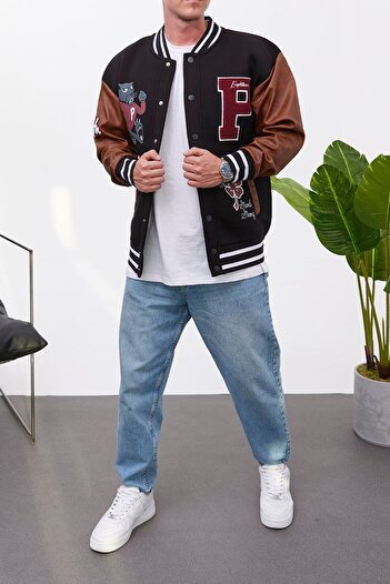 NOMARC Panther Printed Leather Sleeve Black College Jacket