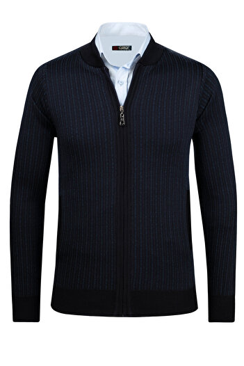 Çizgi Triko Men's Striped Knitwear Jacket - Zippered, Patterned Sleeves and Waist Elastics, Steel Knit - 5004K