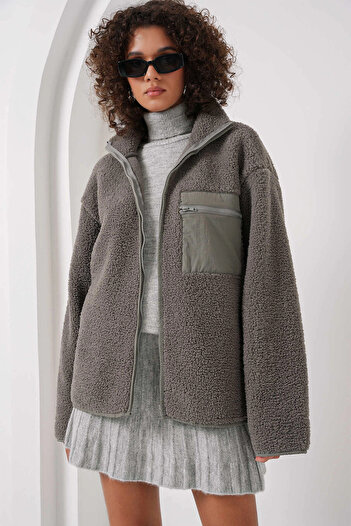 hazelin Women's Anthracite Pocket Detailed Zippered Oversize Plush Sweatshirt Hzl25W-Fry 1554461