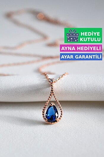 Jewelmim Mavi Damla Taş Kolye 18 Ayar Rose Altın Kaplama Su Damlası Kolye 925 Ayar Kadın Gümüş Damla Kolye