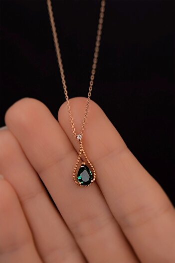 Jewelmim Yeşil Damla Taş Kolye 18 Ayar Rose Altın Kaplama Su Damlası Kolye 925 Ayar Kadın Gümüş Damla Kolye