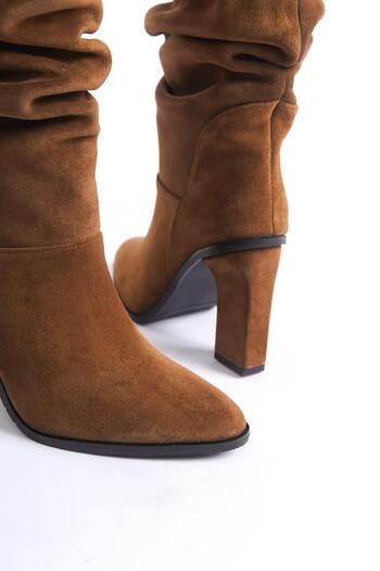 Mubiano Collection Tan Suede Bellows Γυναικείες μπότες με τακούνι - MCALM4243 - TB
